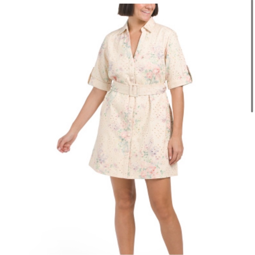 NWT Solitaire Floral Eyelet Belted Mini Shirt Dress Size Medium Short Sleeve